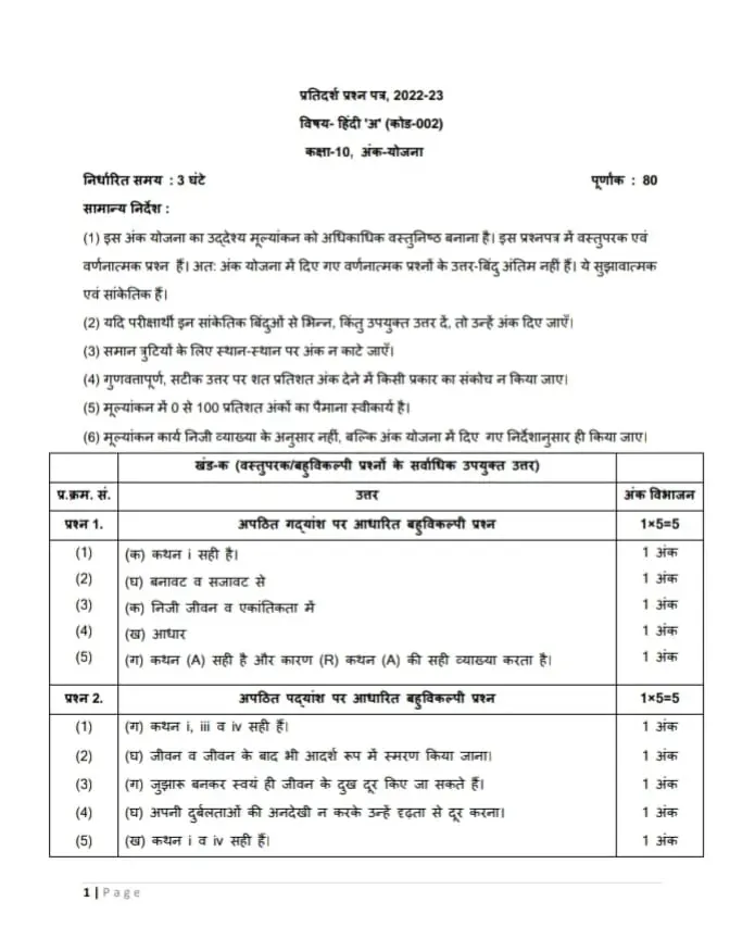 CBSE Class 10th Hindi B Sample Question Paper 2023 